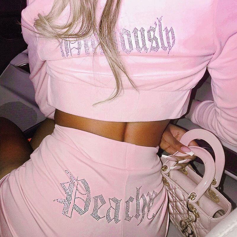 Trendy Rhinestone Velvet Crop Hoodie Pant Matching Set - Pink