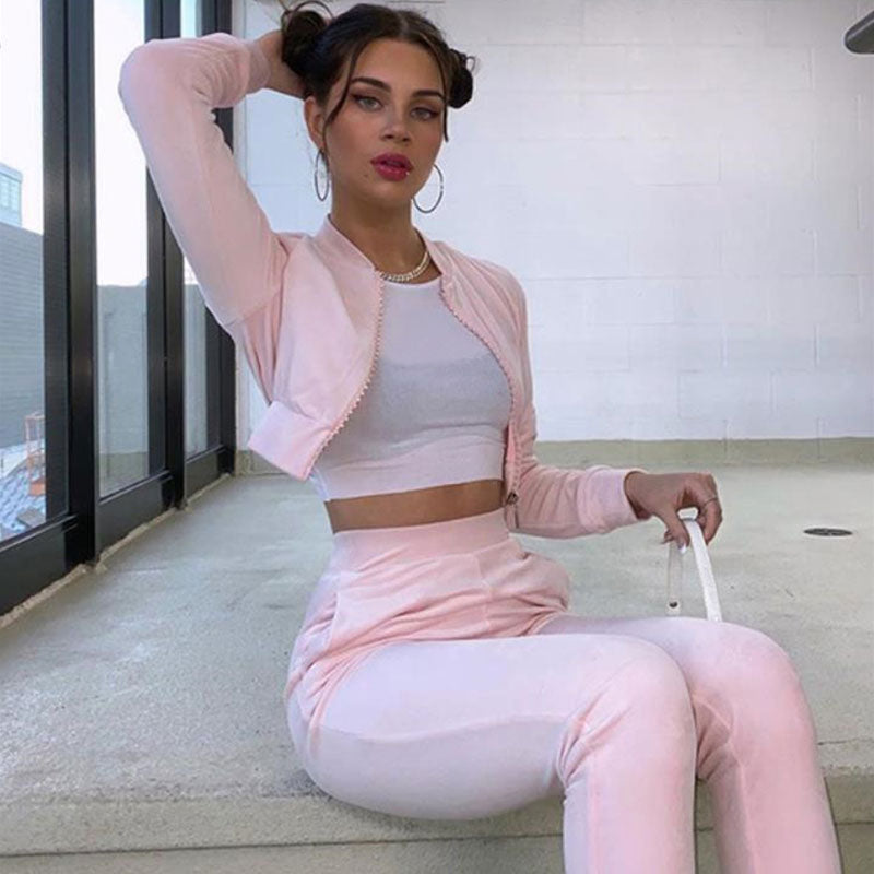 Trendy Rhinestone Velvet Crop Hoodie Pant Matching Set - Pink