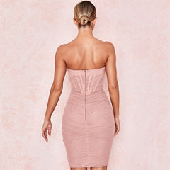 Trendy Strapless Mesh Ruched Bodycon Corset Mini Dress - Pink