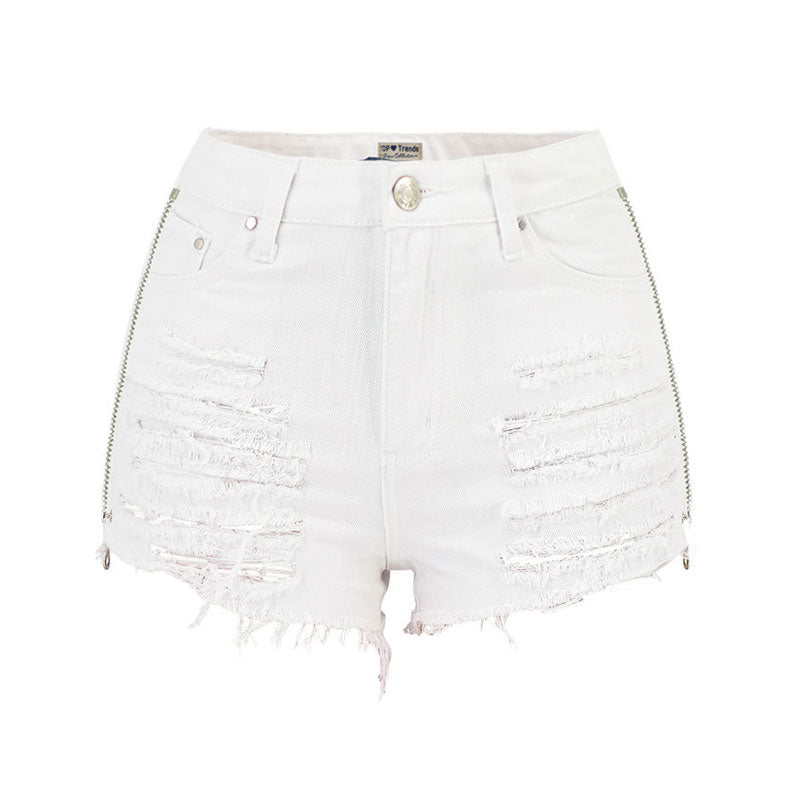 Trendy Zip Trim High Waist Distressed Denim Shorts - White