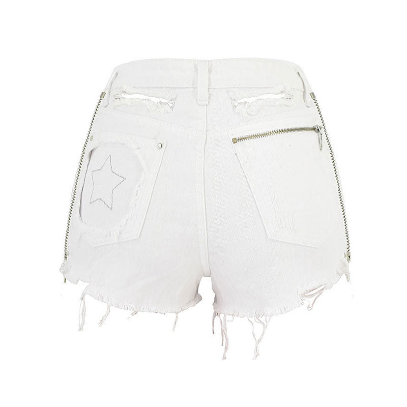 Trendy Zip Trim High Waist Distressed Denim Shorts - White