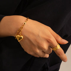 Unique 18K Gold Plated Puffy Heart Charm Paper Clip Chain Bracelet