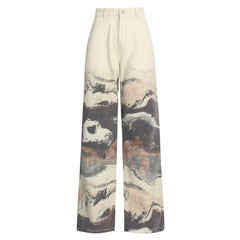 Unique Contrast Marble Print Straight Leg High Waist Jeans