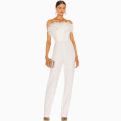 Unique Feather Trim Strapless Wide Leg Jumpsuit - White