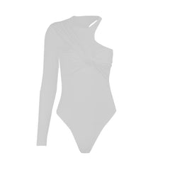 Unique One Shoulder Twist Front Long Sleeve Bodysuit - White