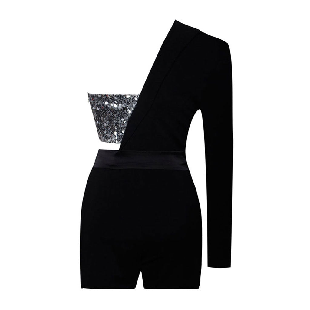 Unique Sequin Embellished Deconstructed Hybrid One Shoulder Blazer Romper