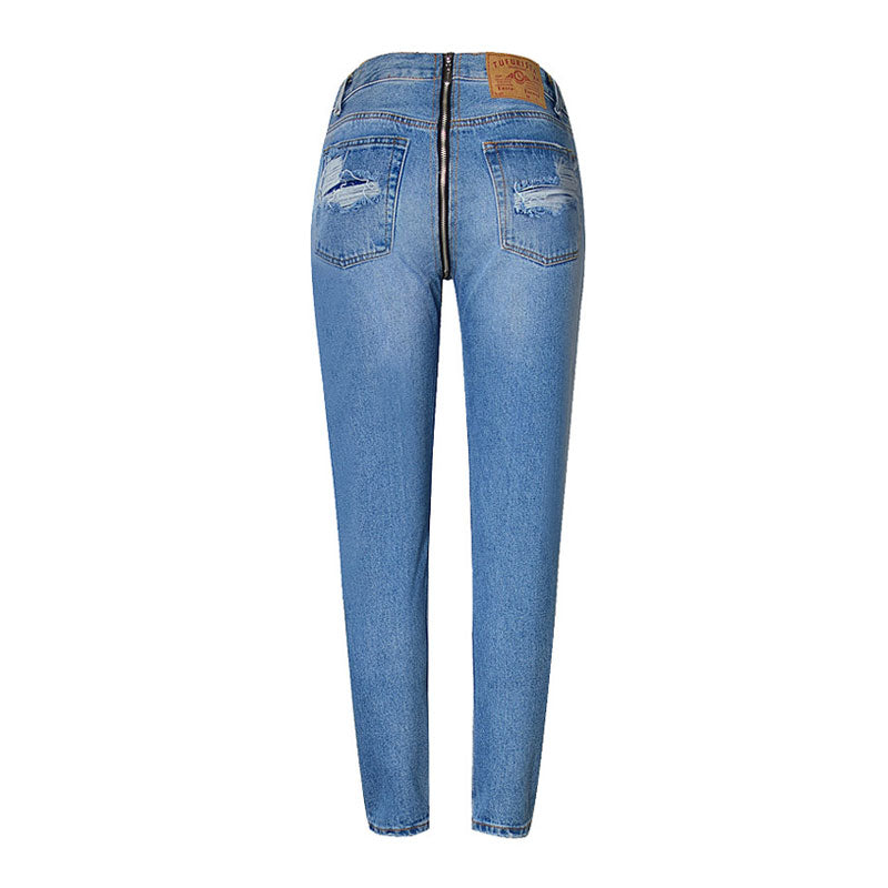 Unique Zip Back High Waist Faded Frayed Skinny Jeans - Blue