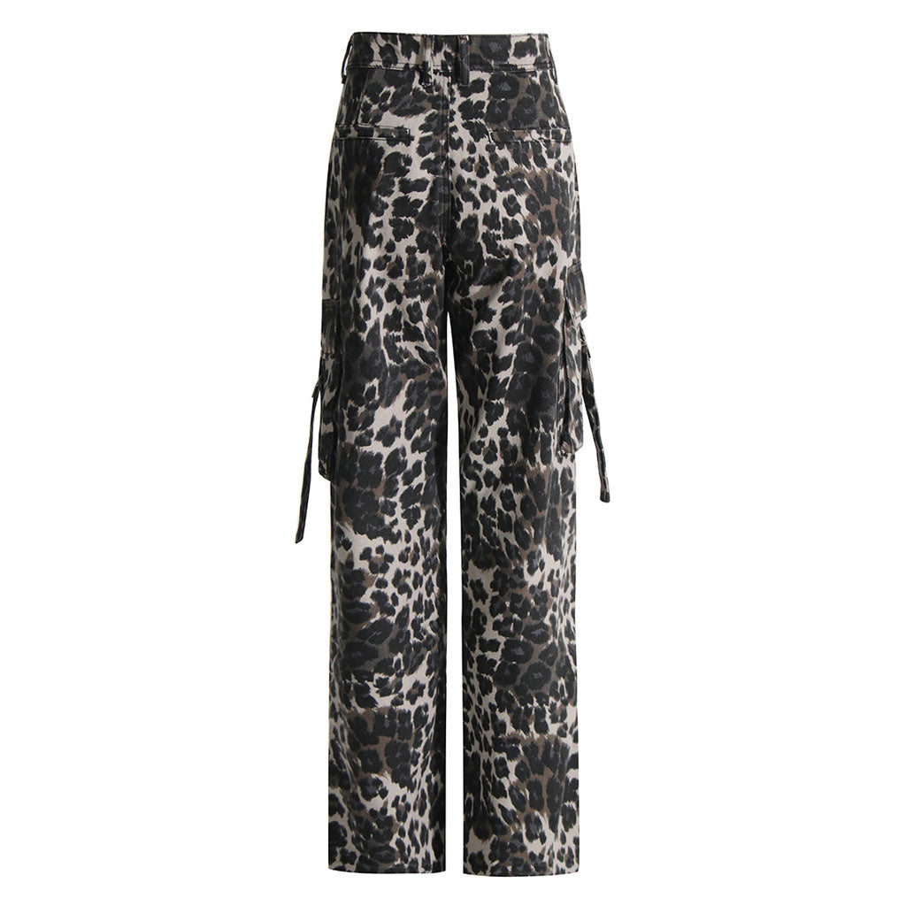 Untamed Leopard Print Folded Trim High Waist Wide Leg Draped Cargo Jeans