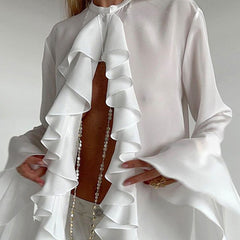 Victorian Crew Neck Bell Sleeve Button Up Sheer Chiffon Waterfall Ruffle Blouse