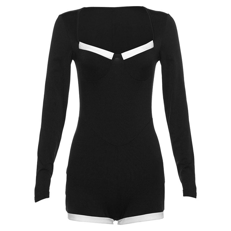 Vintage Contrast Sweetheart Neck Long Sleeve Bodycon Romper - Black