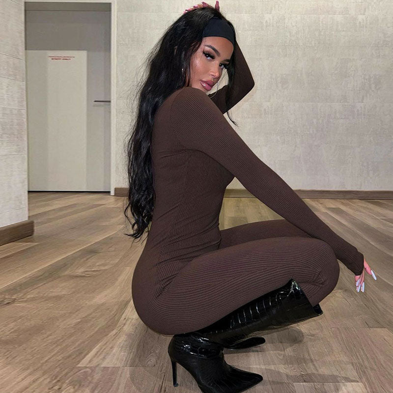 Vintage Deep V Neck Long Sleeve Bodycon Ribbed Jumpsuit - Coffee