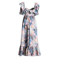 Vintage Floral Print Sweetheart Puff Sleeve Ruffle Split Maxi Vacation Dress