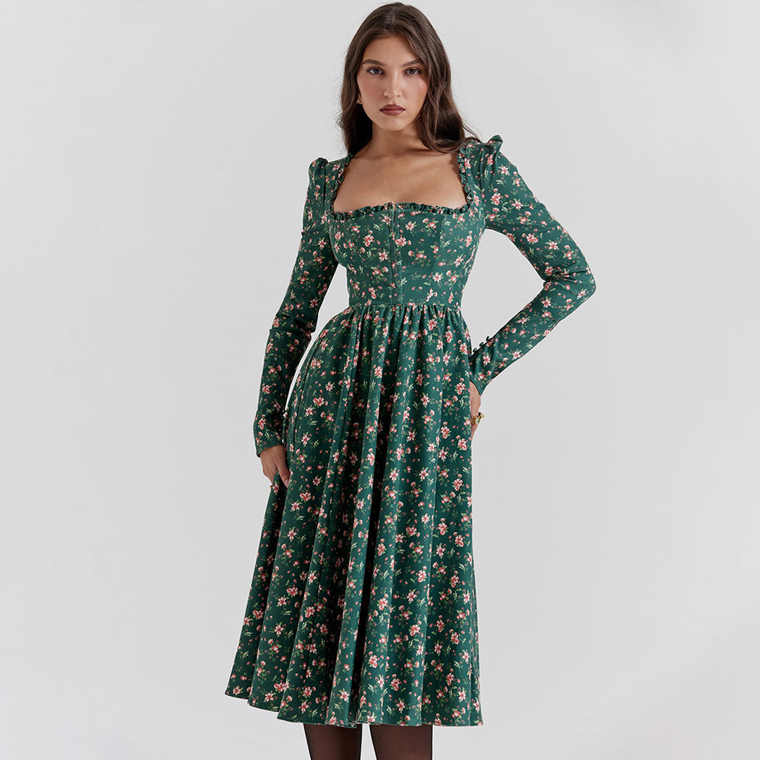 Vintage Floral Printed Puff Sleeve Garden Party Midi Dress - Emerald Green