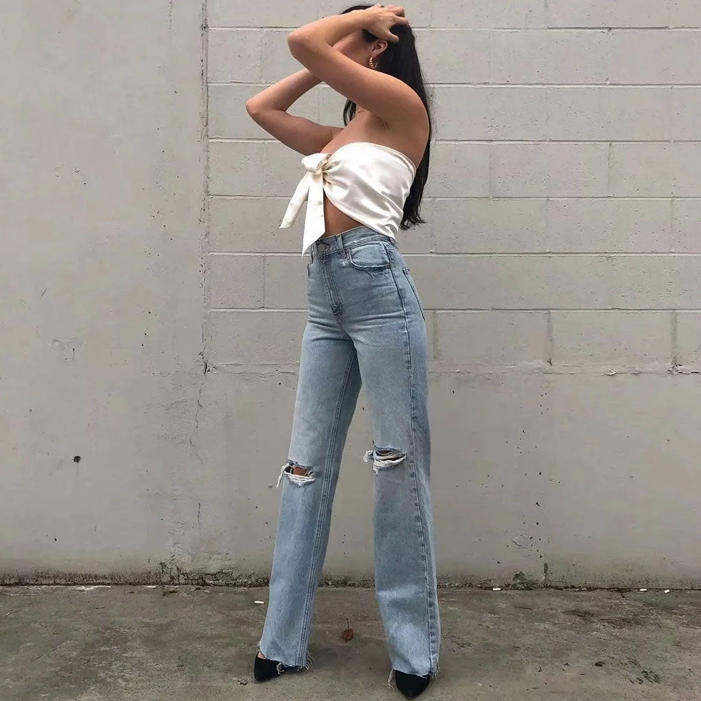 Vintage High Waist Cut Out Frayed Straight Leg Jeans - Light Blue