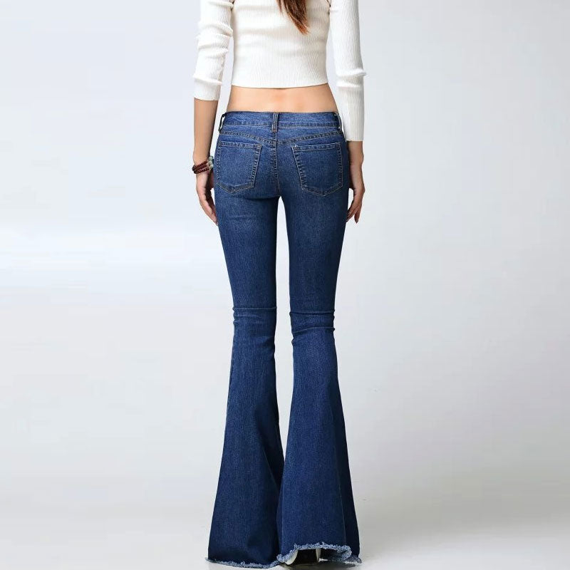 Vintage High Waist Faded Frayed Skinny Flare Jeans - Dark Blue