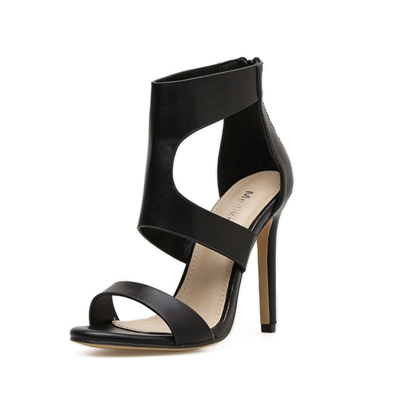 Vintage Open Toe Cutout Ankle Length High Heel Sandals - Black