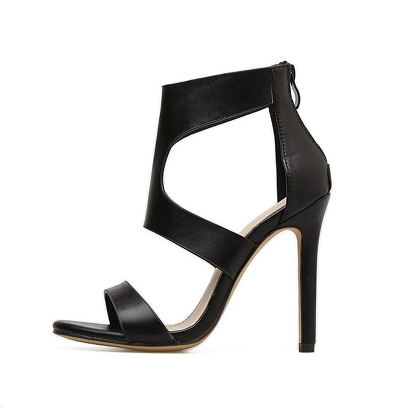 Vintage Open Toe Cutout Ankle Length High Heel Sandals - Black