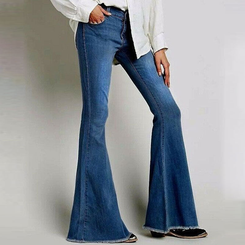 Vintage Raw Hem High Waist Flare Jeans - Blue