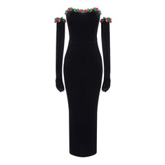 Vintage Sequined Floral Opera Sleeve Strapless Velvet Bodycon Maxi Dress