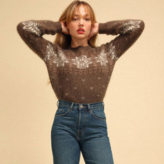 Vintage Snowflake Jacquard Mohair Knit Pullover Sweater - Coffee