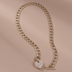 Vintage Style Chunky Chain Pearlized Puffy Heart Charm Necklace - Gold