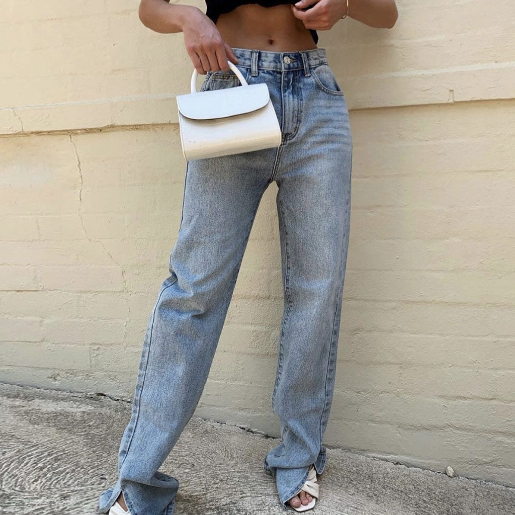 Vintage Style High Waist Side Slit Straight Leg Jeans - Light Blue