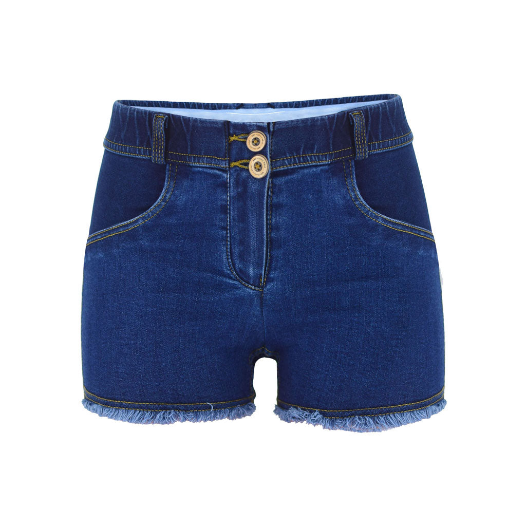 Vintage Style Low Waist Frayed Denim Shorts - Dark Blue