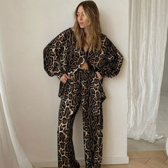 Wild Leopard Print Lapel Collar Button Up Blouse Wide Leg Pants Lounge Set