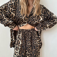 Wild Leopard Print Lapel Collar Button Up Blouse Wide Leg Pants Lounge Set