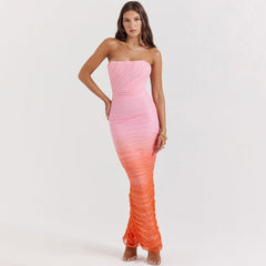 Youthful Gradient Ruched Mesh Bodycon Split Maxi Corset Tube Dress - Orange